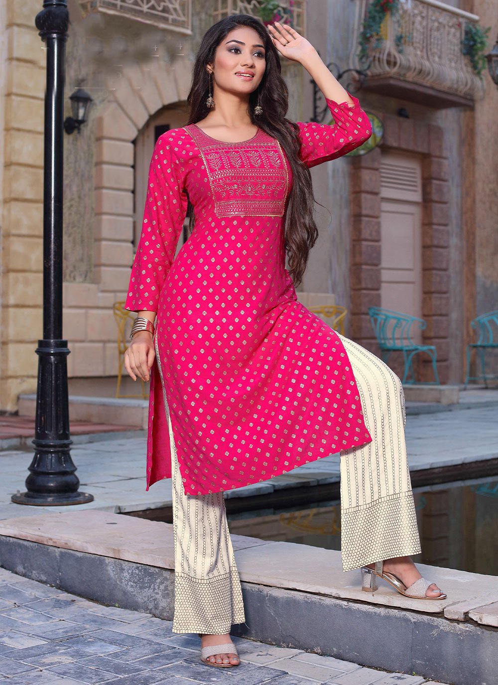 Party Wear Kurti Rayon Pink Foil Print Kurtis