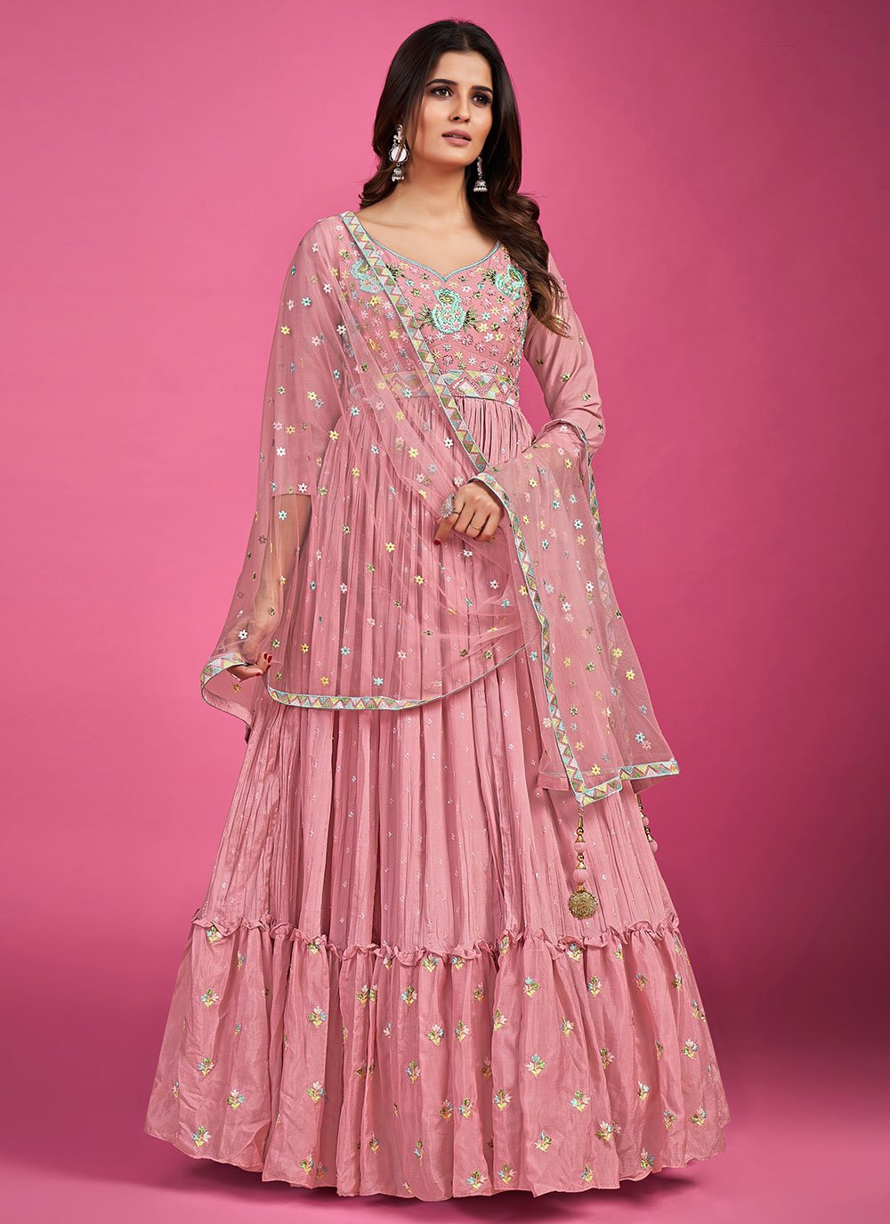 Designer Gown Pure Georgette Pink Pearls Gown