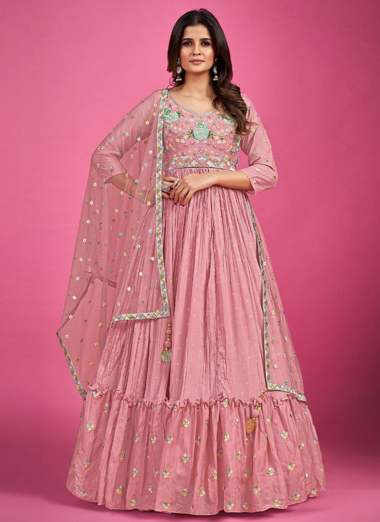 Designer Gown Pure Georgette Pink Pearls Gown