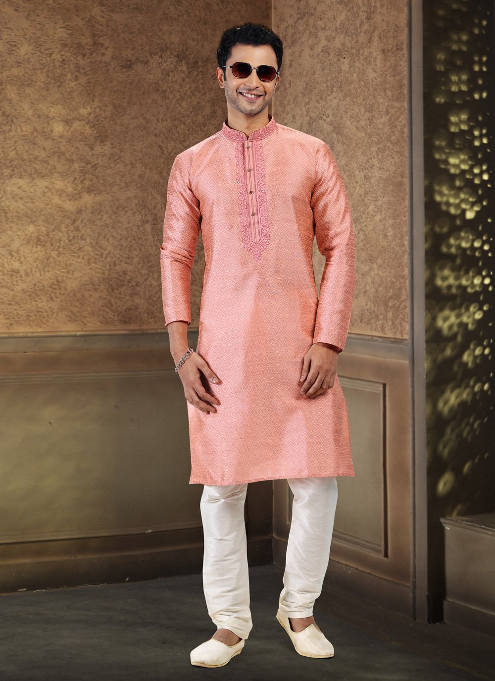 Kurta Pyjama Banarasi Silk Jacquard Pink Fancy Work Mens