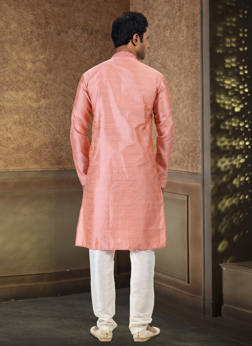 Kurta Pyjama Banarasi Silk Jacquard Pink Fancy Work Mens