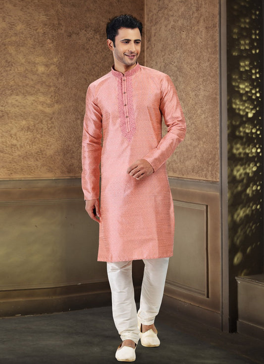 Kurta Pyjama Banarasi Silk Jacquard Pink Fancy Work Mens