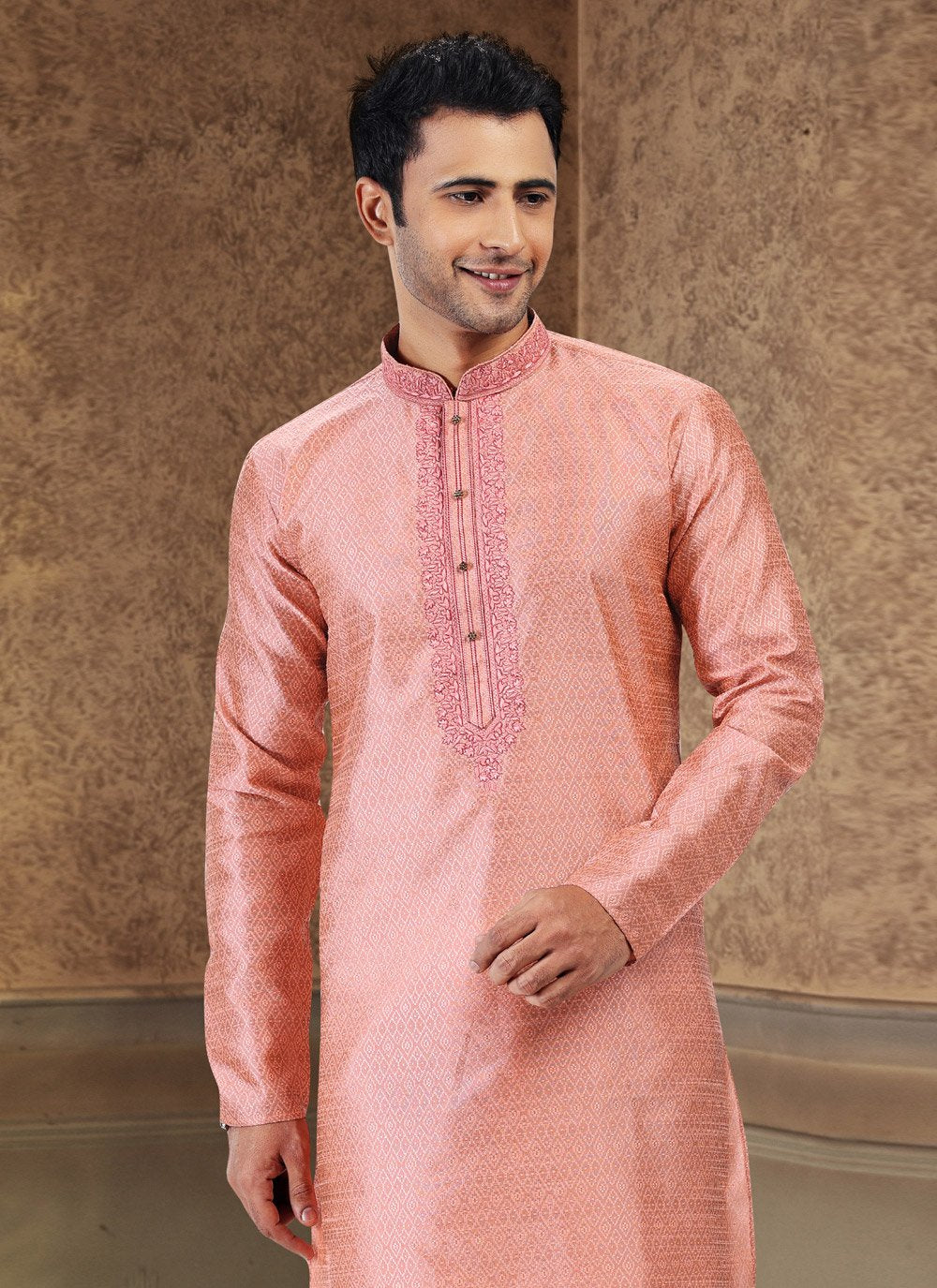 Kurta Pyjama Banarasi Silk Jacquard Pink Fancy Work Mens