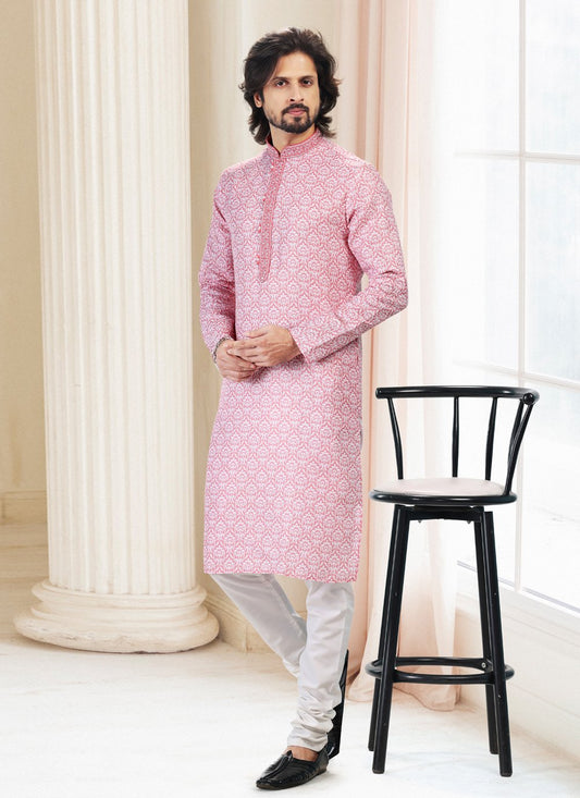 Kurta Pyjama Cotton Pink Fancy Work Mens