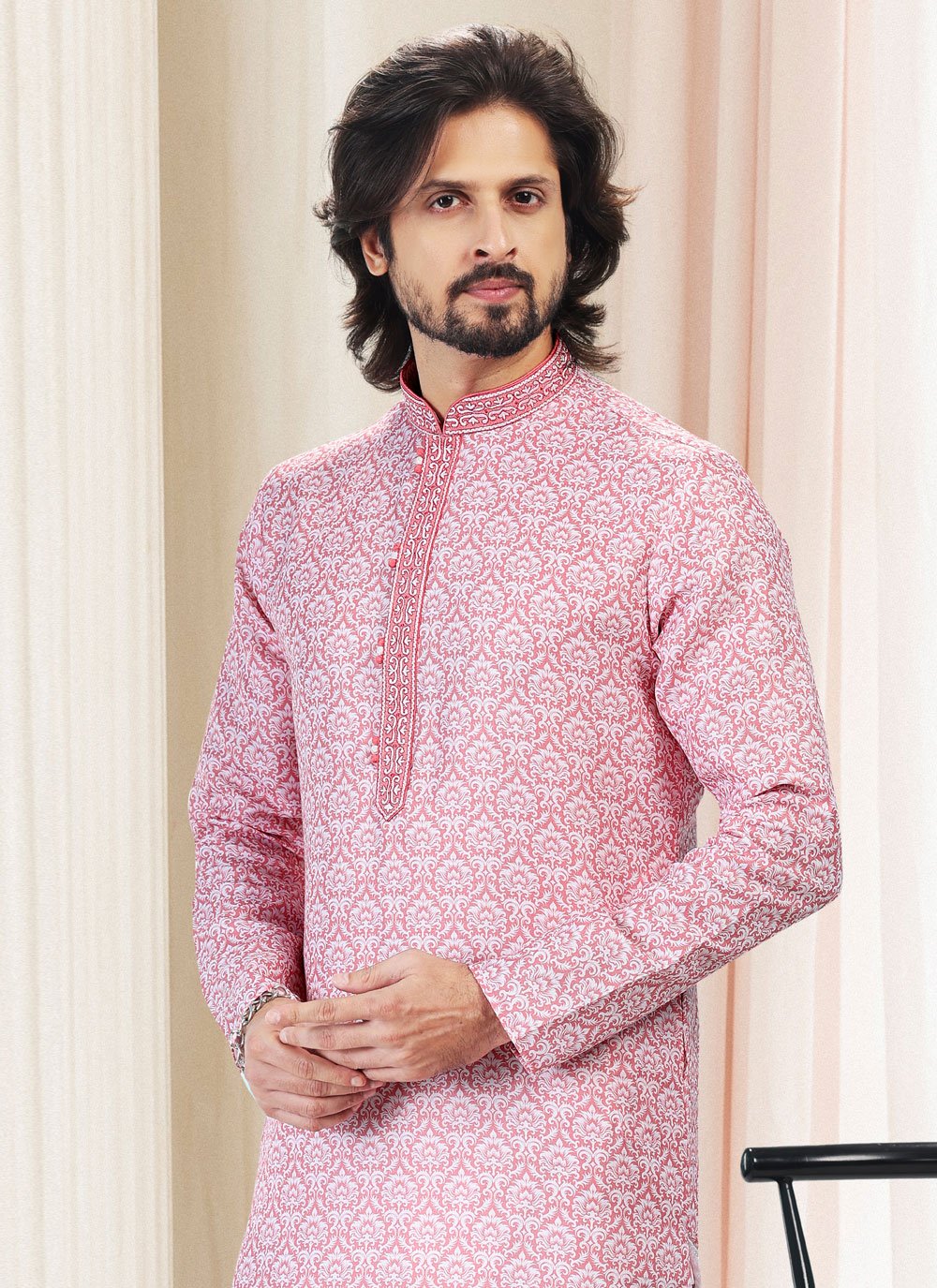 Kurta Pyjama Cotton Pink Fancy Work Mens