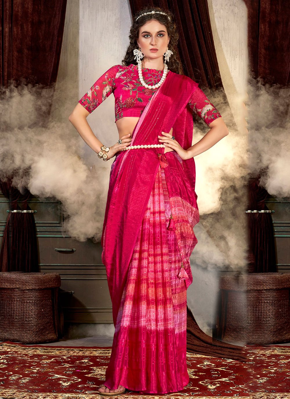 Trendy Saree Chinon Pink Print Saree