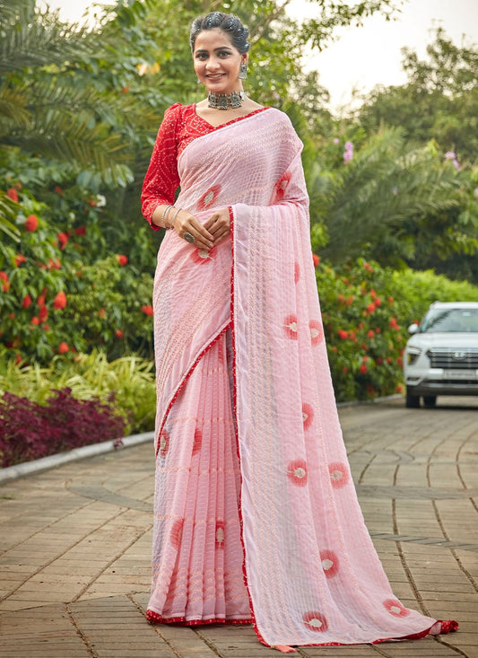 Trendy Saree Georgette Pink Embroidered Saree