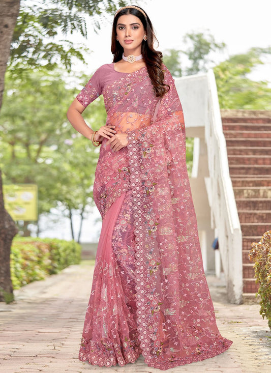 Trendy Saree Net Pink Embroidered Saree