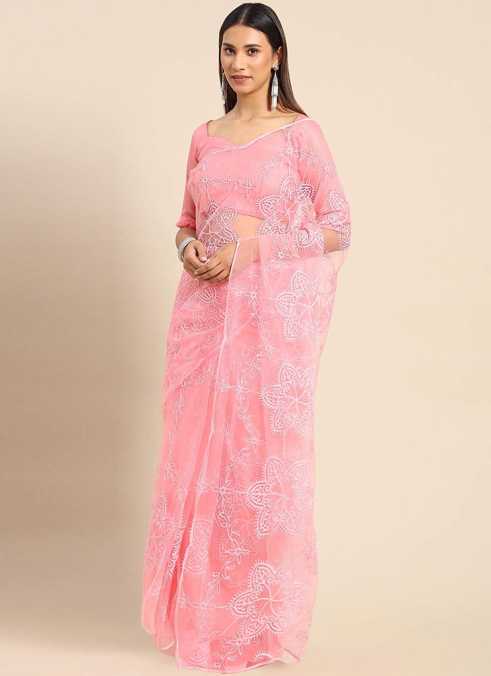 Trendy Saree Net Pink Embroidered Saree