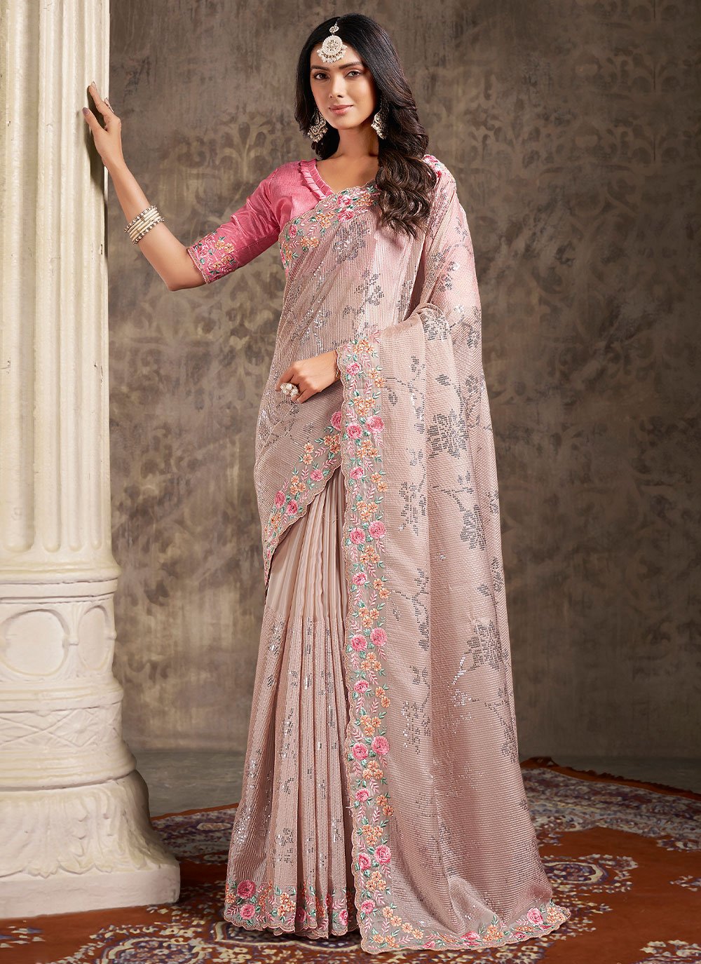 Trendy Saree Organza Pink Embroidered Saree