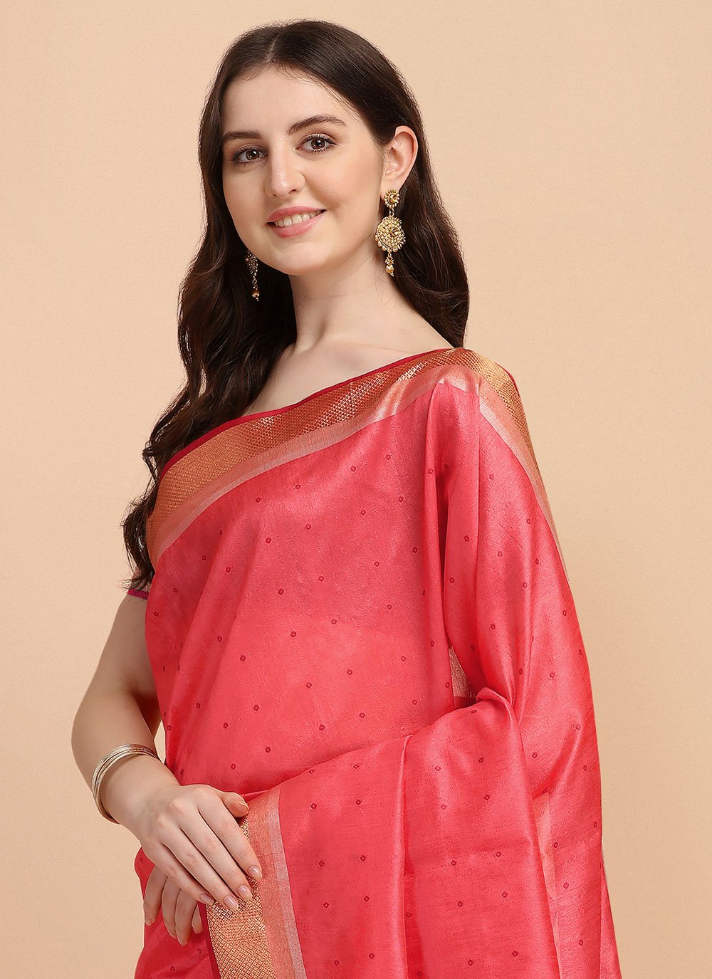 Contemporary Tussar Silk Pink Woven Saree