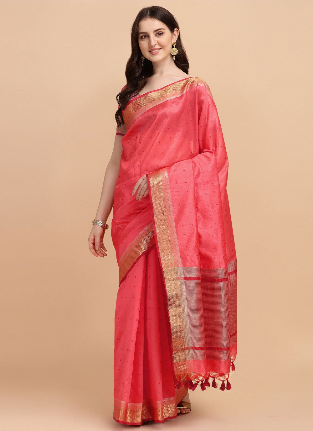 Contemporary Tussar Silk Pink Woven Saree