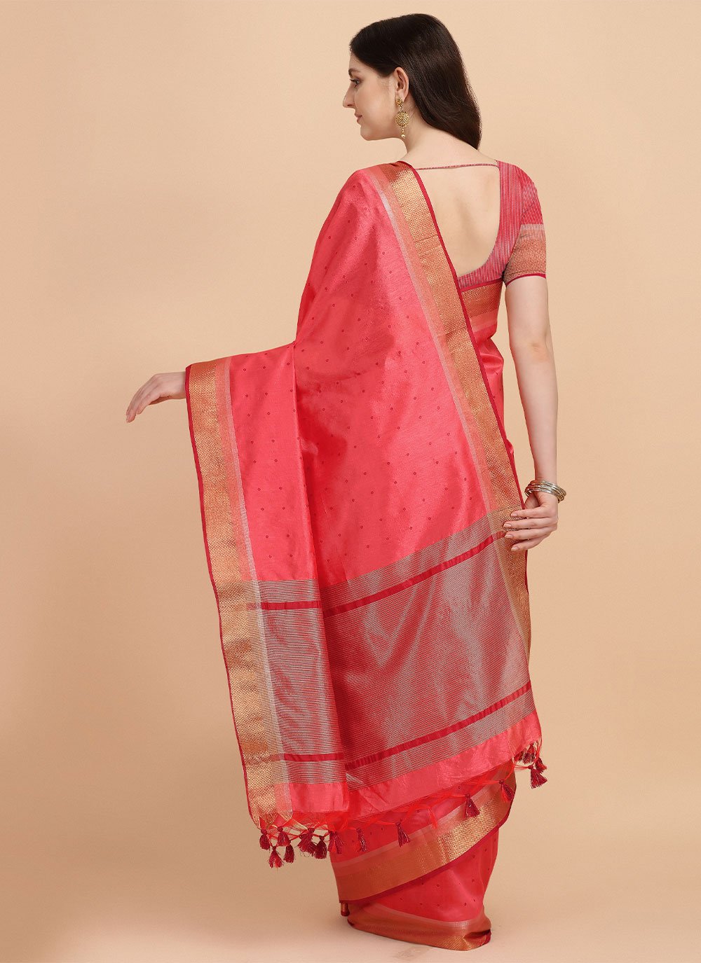 Contemporary Tussar Silk Pink Woven Saree