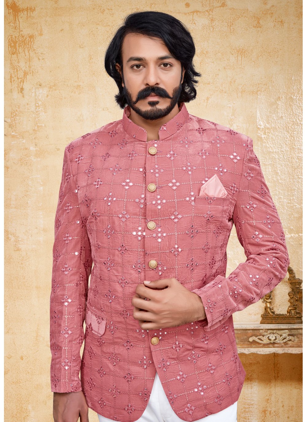 Jodhpuri Suit Velvet Pink Embroidered Mens