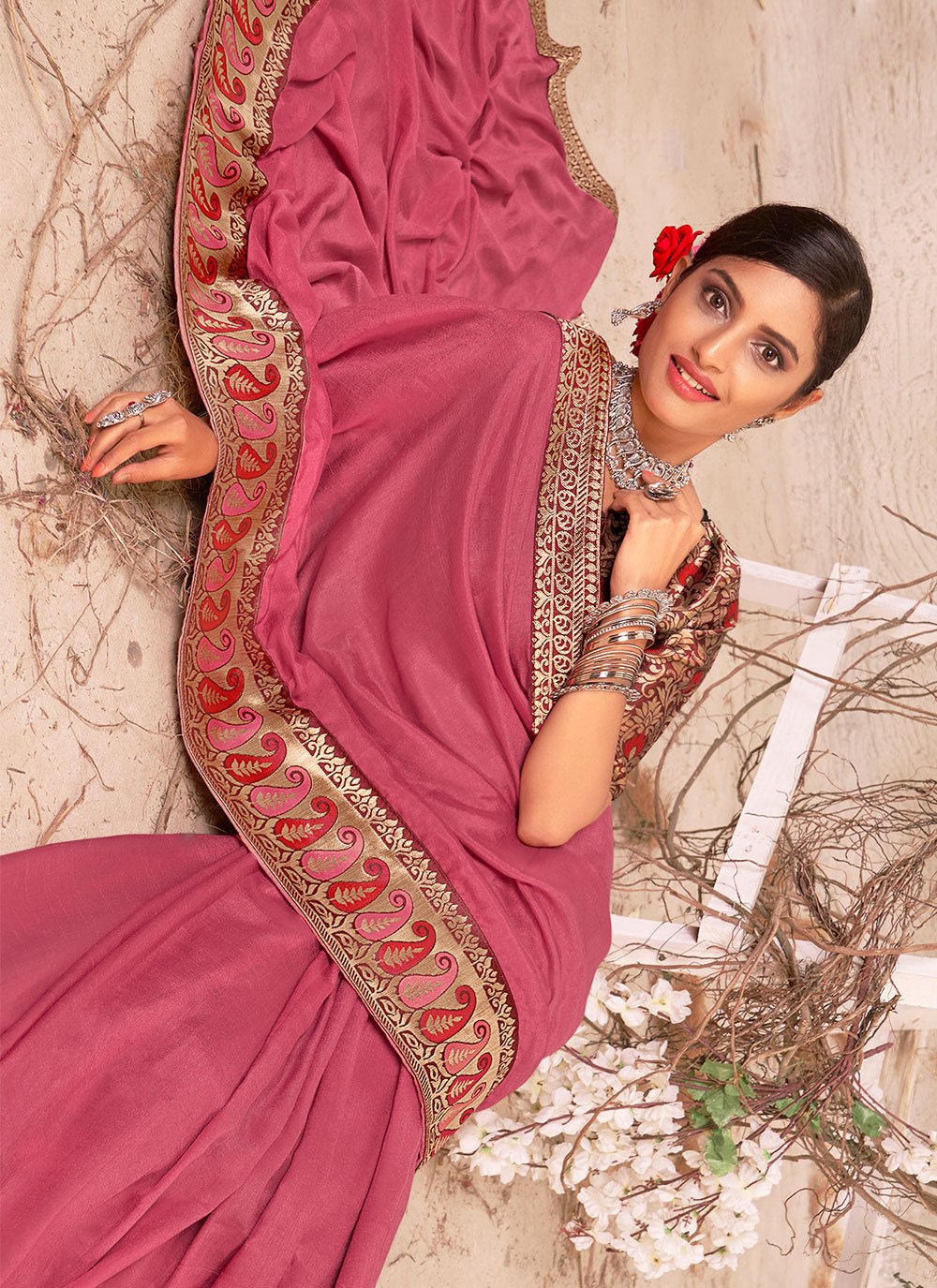 Classic Vichitra Silk Pink Jacquard Work Saree