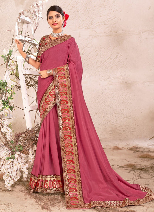 Classic Vichitra Silk Pink Jacquard Work Saree