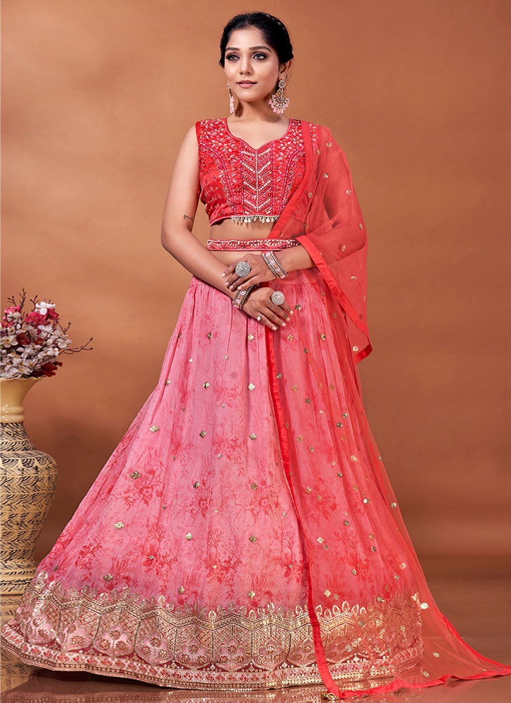 Readymade Lehenga Choli Georgette Viscose Pink Embroidered Lehenga Choli