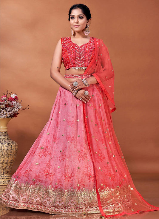 Readymade Lehenga Choli Georgette Viscose Pink Embroidered Lehenga Choli