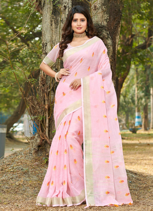 Casual Linen Pink Weaving Saree