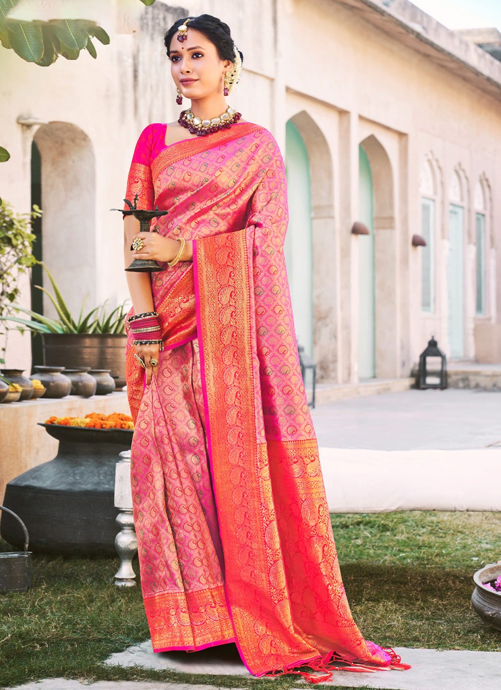 Traditional Saree Kanjivaram Silk Pink Weaving Saree