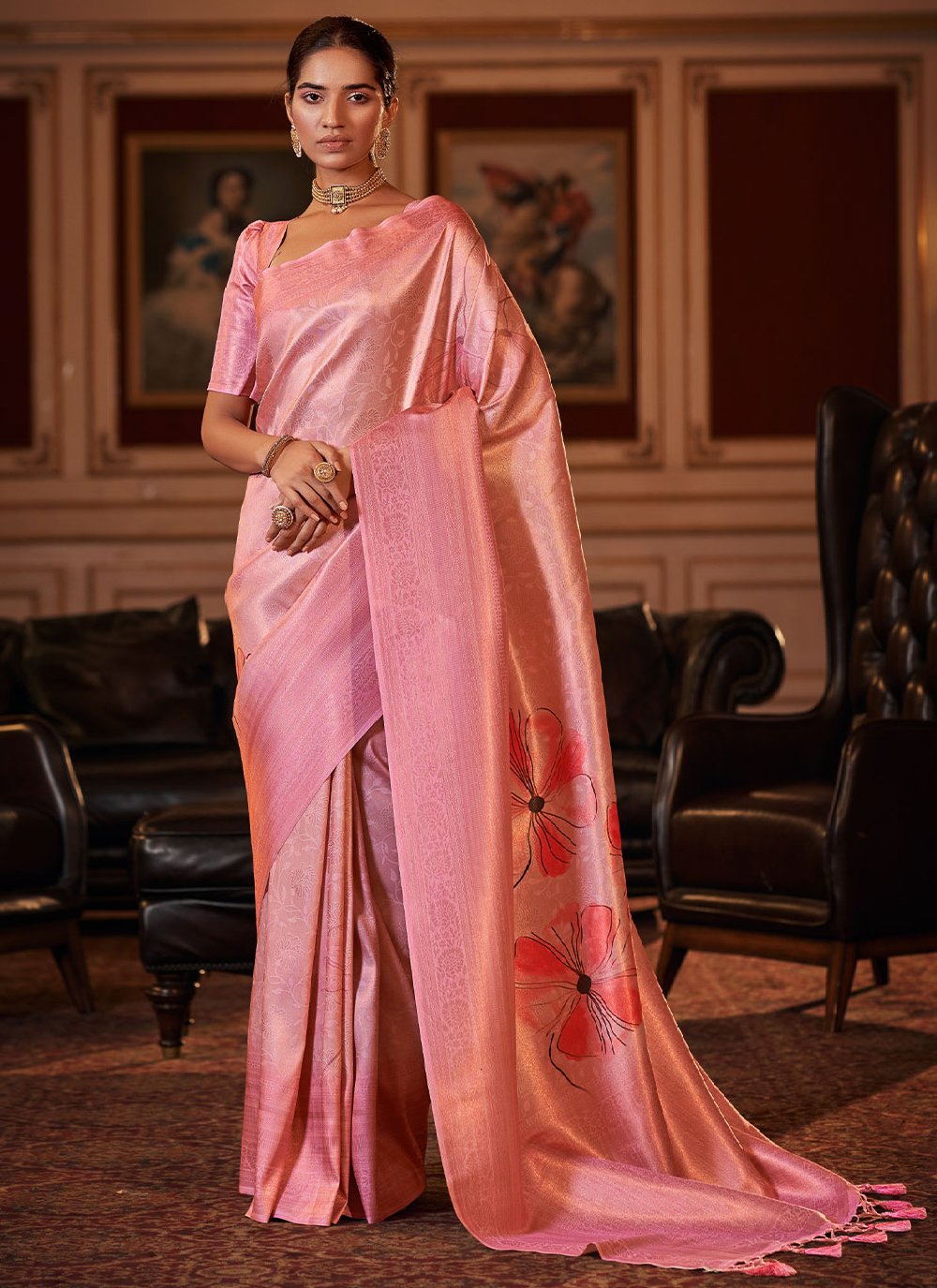 Contemporary Jacquard Pink Digital Print Saree