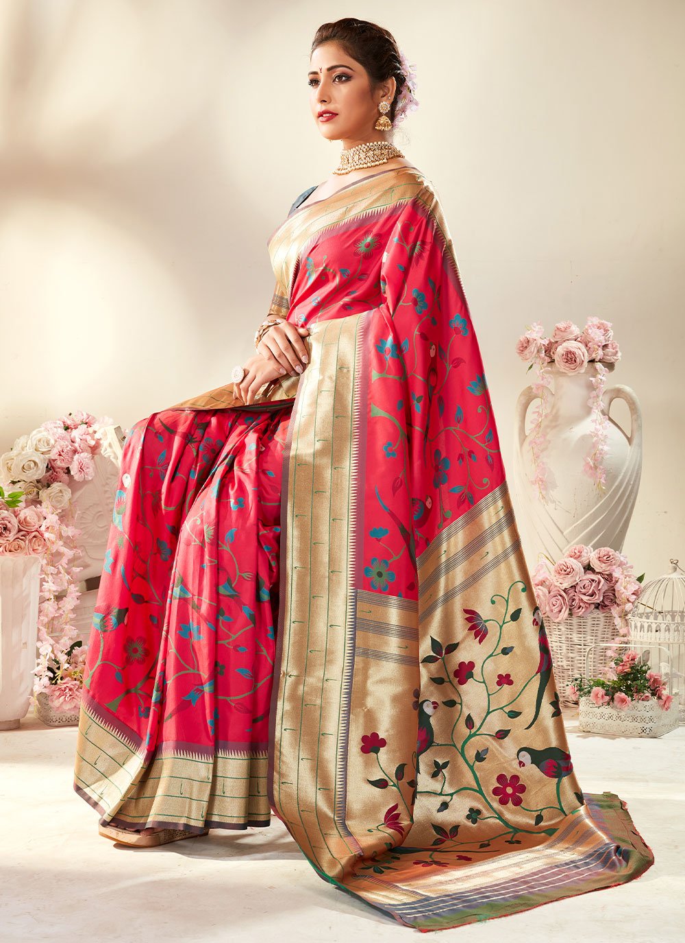 Classic Pure Silk Pink Meenakari Saree