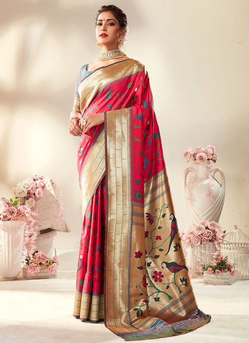 Classic Pure Silk Pink Meenakari Saree