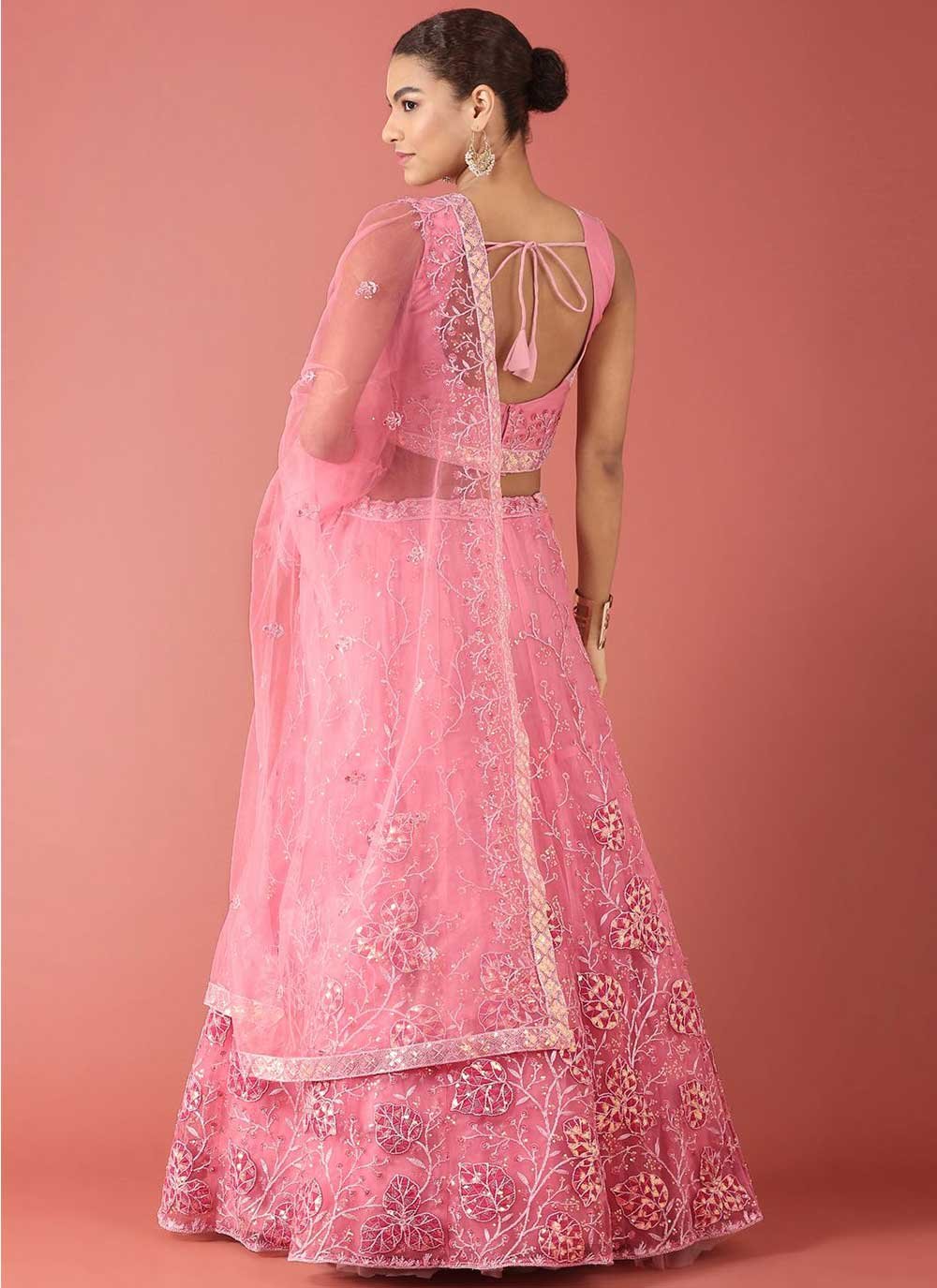 A Line Lehenga Net Pink Embroidered Lehenga Choli