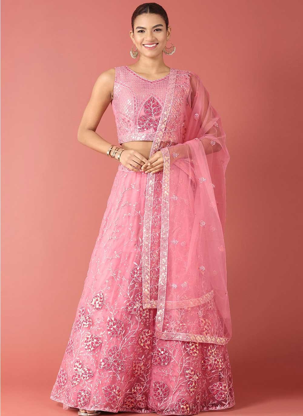 A Line Lehenga Net Pink Embroidered Lehenga Choli