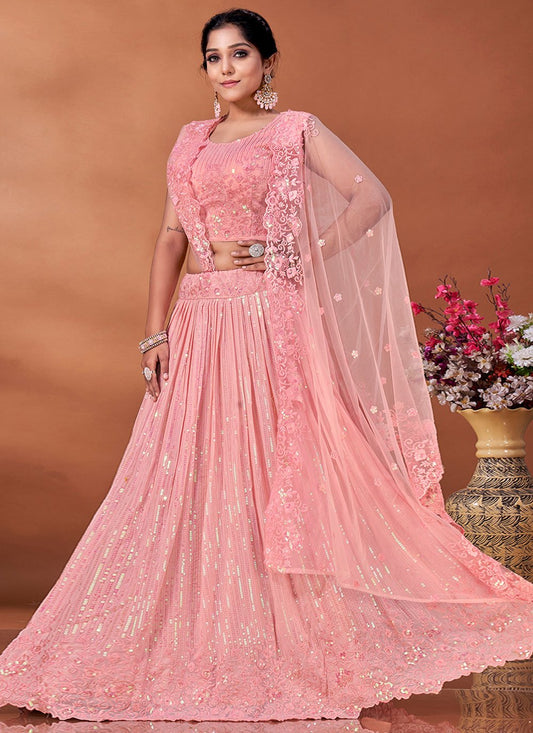 A Line Lehenga Net Pink Embroidered Lehenga Choli