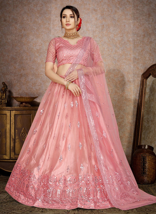 Lehenga Choli Net Pink Embroidered Lehenga Choli