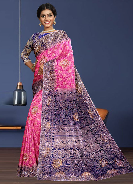 Contemporary Kanjivaram Silk Pink Weaving Saree