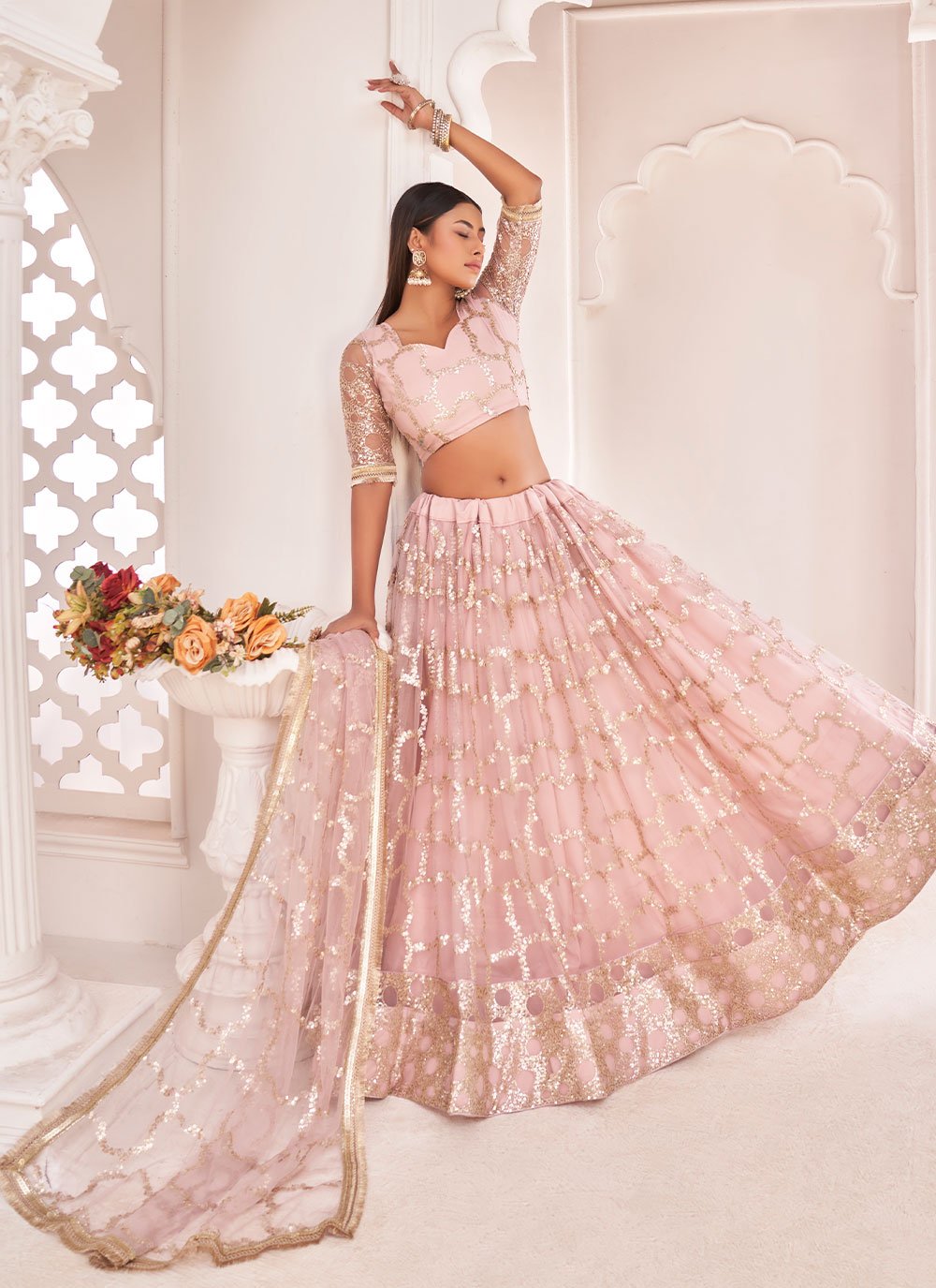 Lehenga Choli Net Pink Embroidered Lehenga Choli