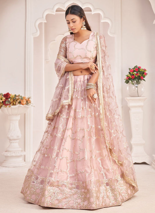 Lehenga Choli Net Pink Embroidered Lehenga Choli