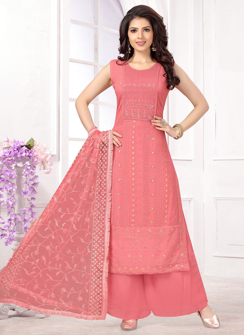 Salwar Suit Georgette Pink Embroidered Salwar Kameez