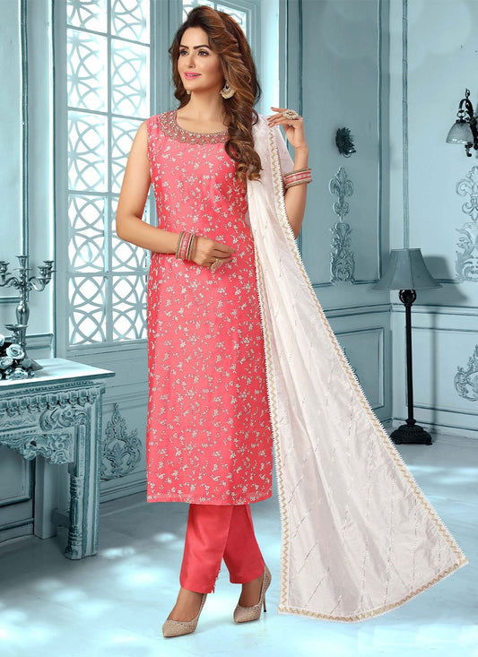 Pant Style Suit Silk Pink Embroidered Salwar Kameez
