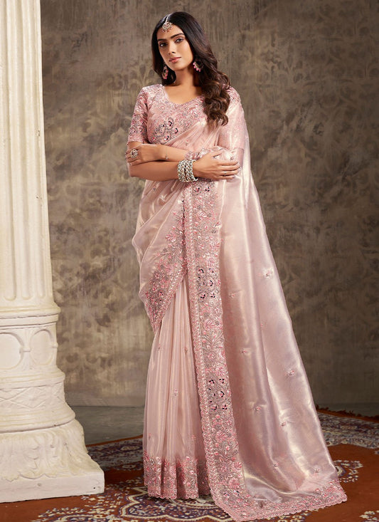 Trendy Saree Organza Pink Embroidered Saree