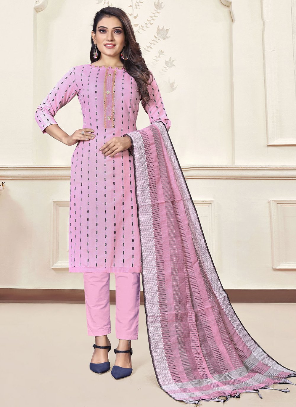 Pant Style Suit Handloom Cotton Pink Woven Salwar Kameez