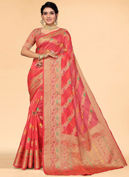 Contemporary Organza Pink Woven Saree