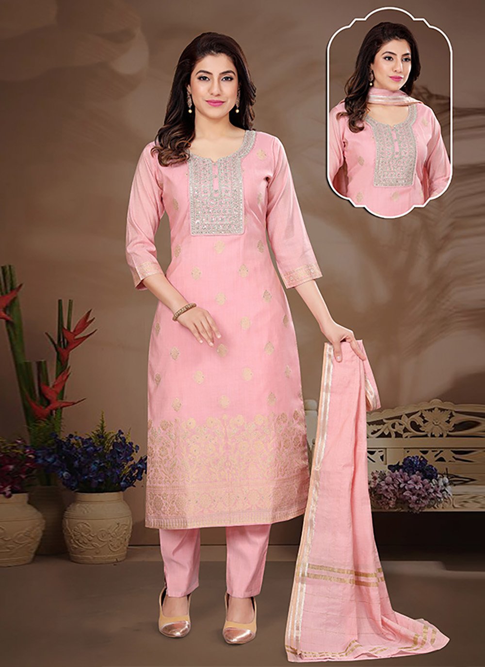 Straight Salwar Suit Silk Pink Embroidered Salwar Kameez