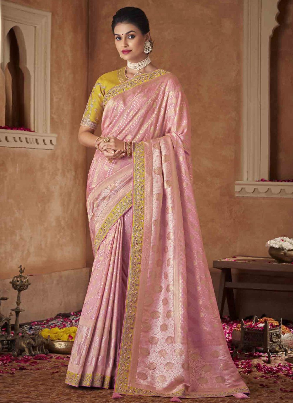 Trendy Saree Pure Dola Pink Patch Border Saree