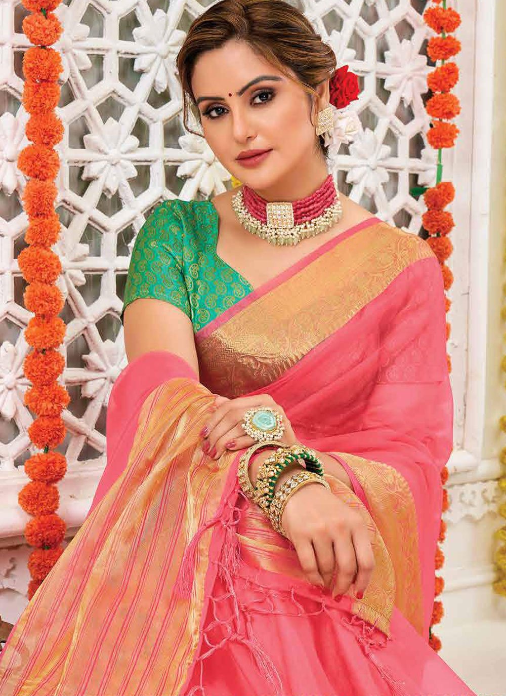 Trendy Saree Organza Silk Pink Patch Border Saree