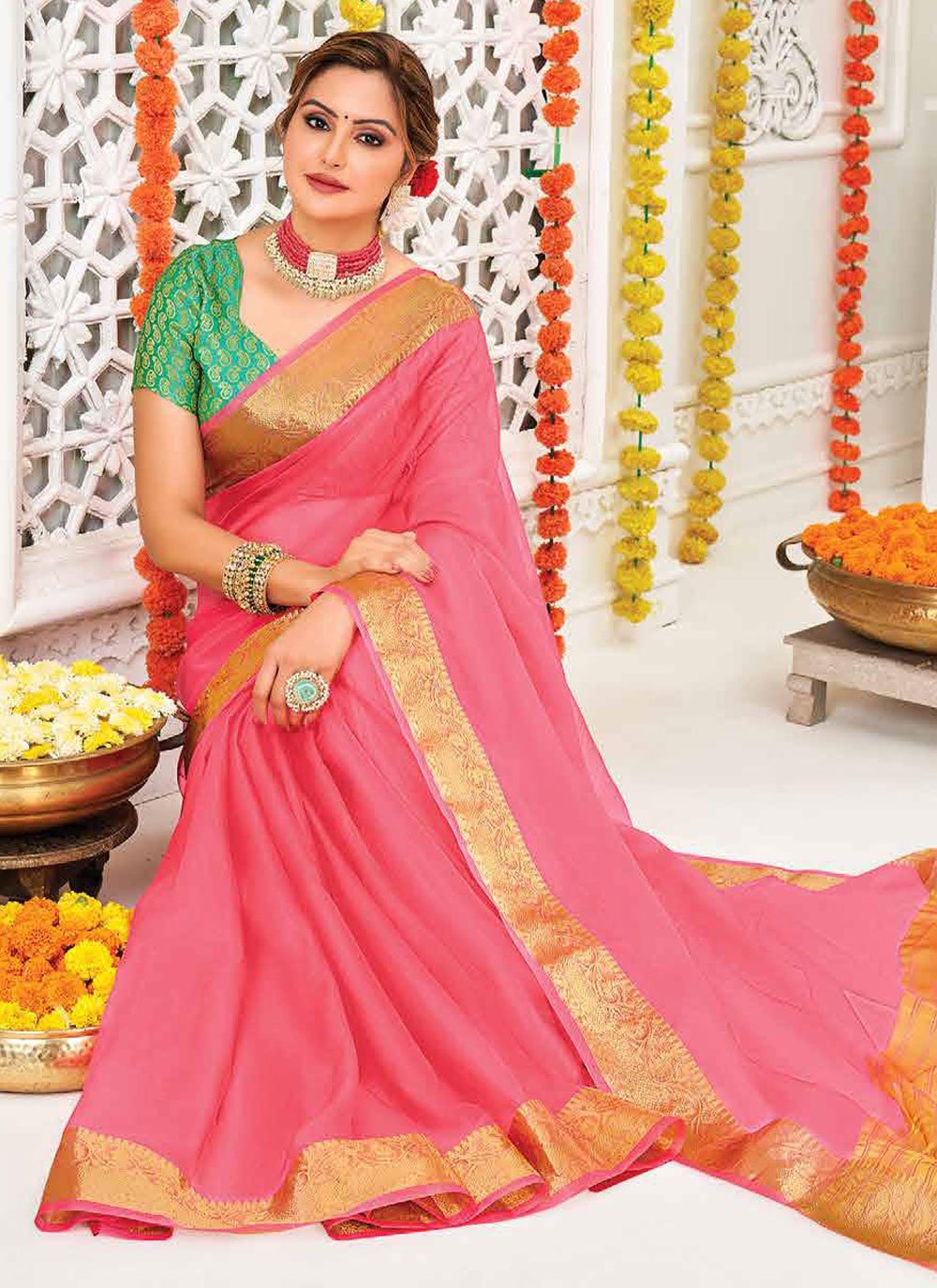 Trendy Saree Organza Silk Pink Patch Border Saree