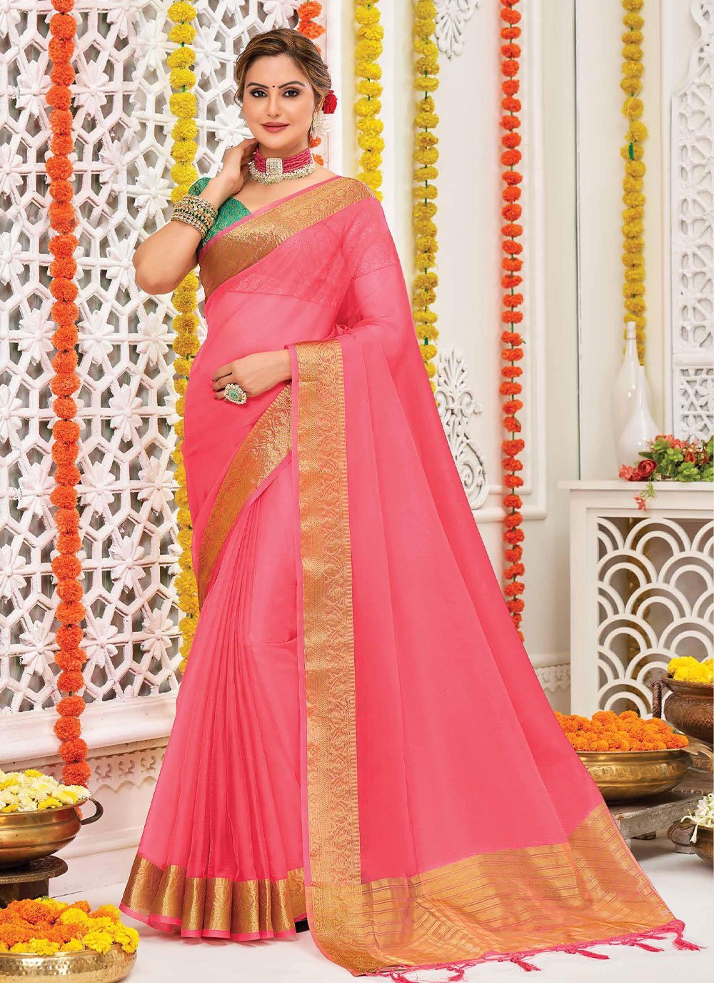 Trendy Saree Organza Silk Pink Patch Border Saree