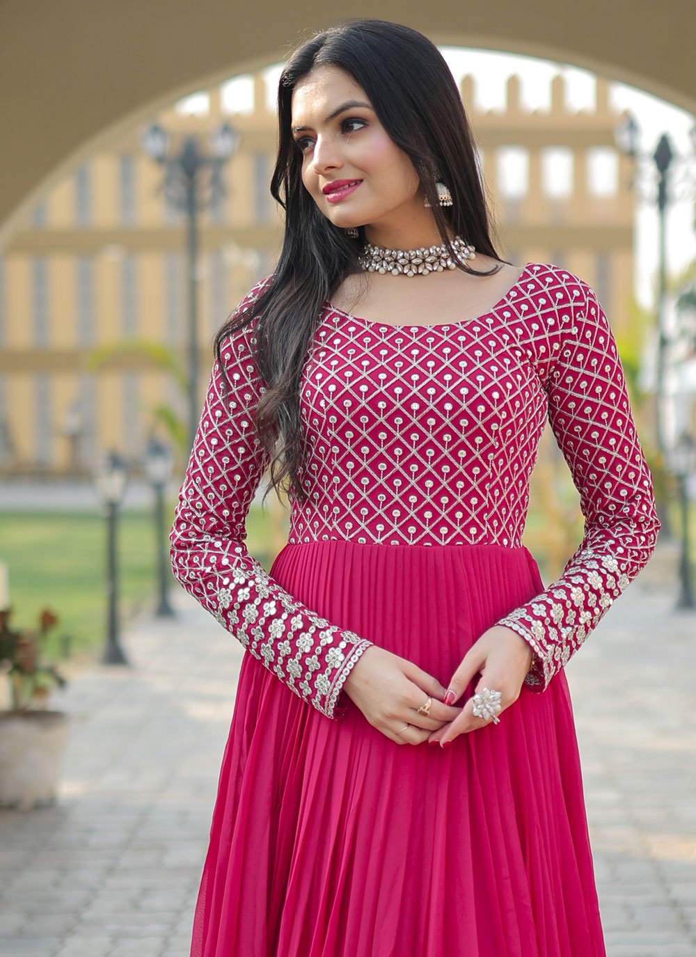 Gown Faux Georgette Pink Embroidered Gown