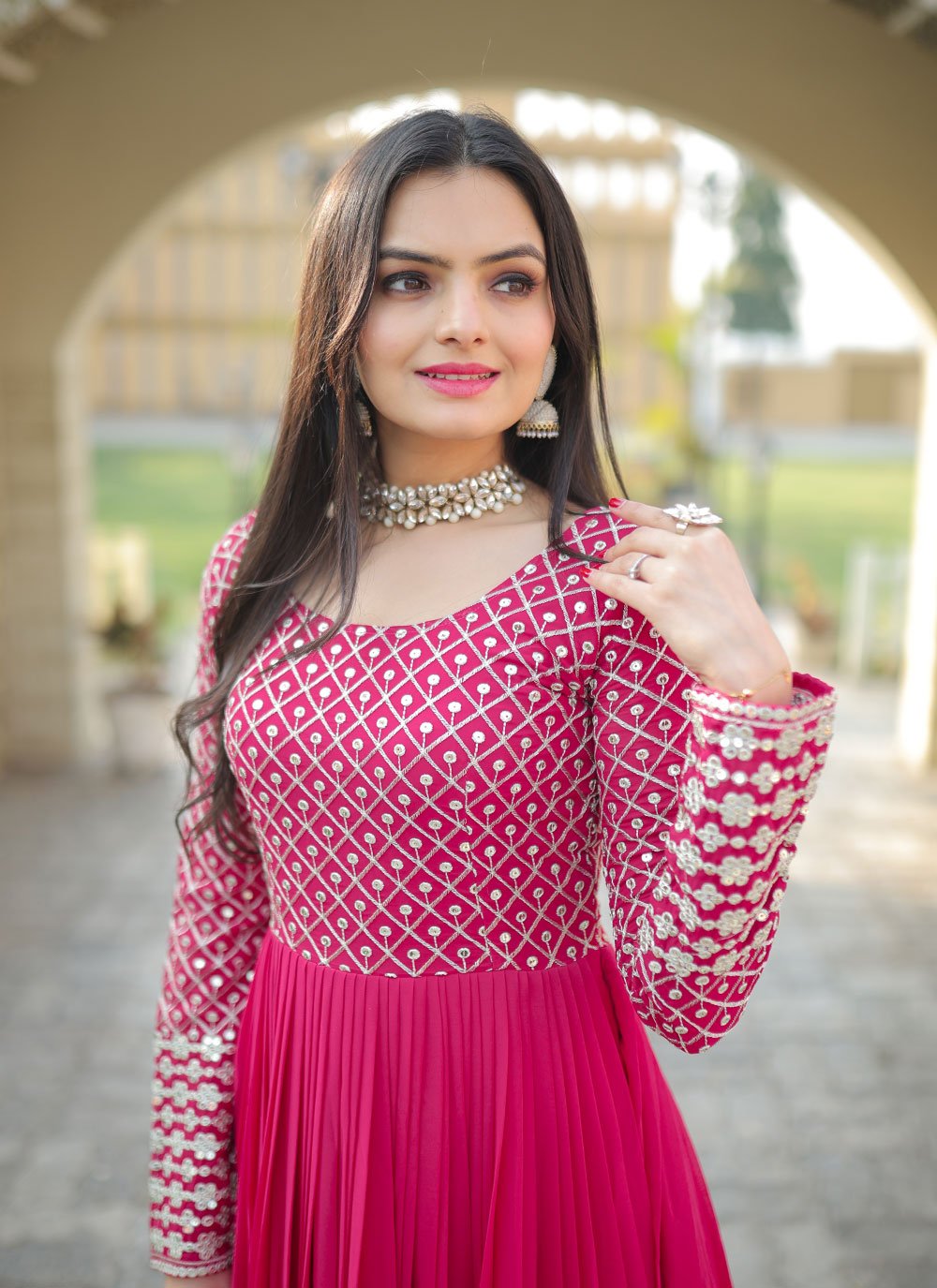 Gown Faux Georgette Pink Embroidered Gown