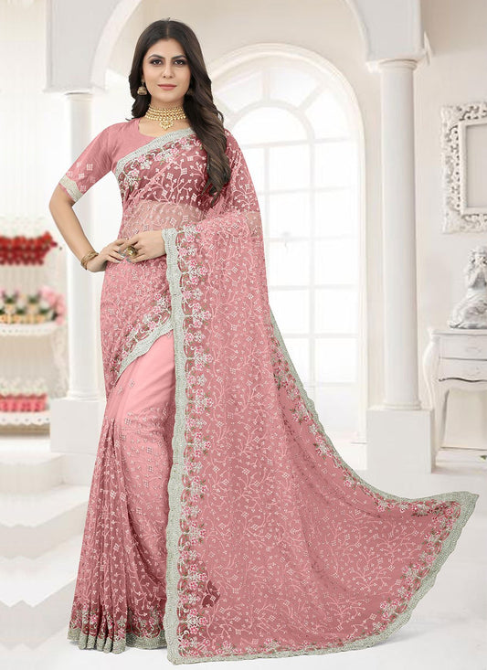 Traditional Saree Net Pink Embroidered Saree