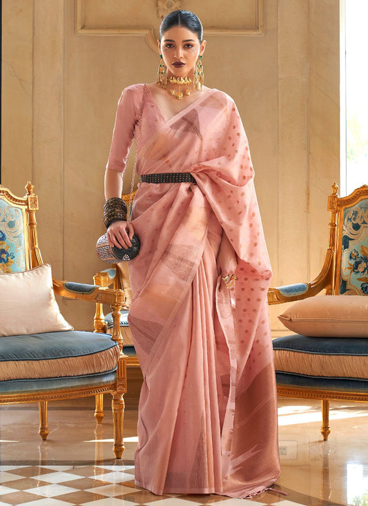 Trendy Saree Handloom Silk Tissue Pink Weaving Saree