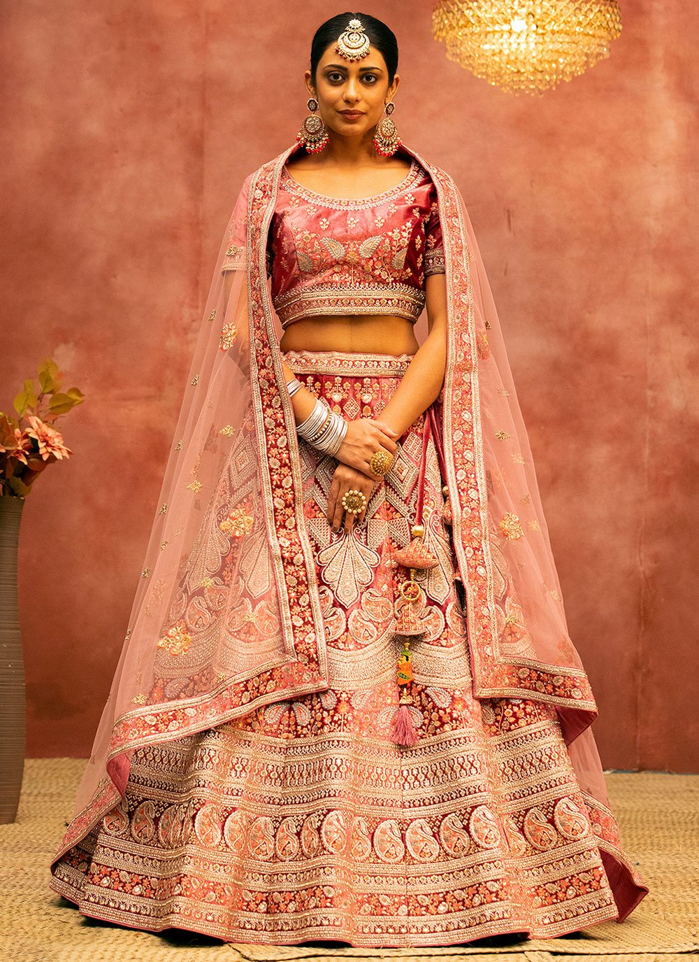 Lehenga Choli Velvet Pink Embroidered Lehenga Choli