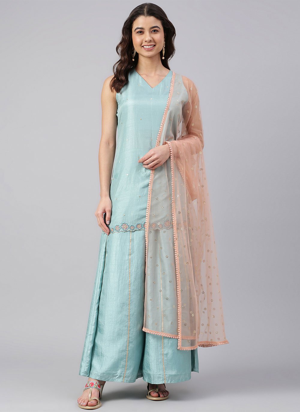 Salwar Suit Poly Silk Aqua Blue Patch Border Salwar Kameez